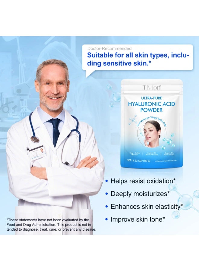 TIVLON مسحوق حمض الهيالورونيك للعناية بالبشرة 100 جرام مسحوق سيروم حمض الهيالورونيك وقناع الوجه 100% نقي مرطب ومغذي للعناية بالوجه وعلاجات مكافحة الشيخوخة للبشرة والوجه والجسم - Image 4