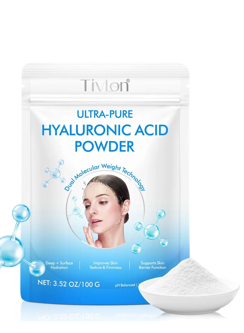 TIVLON مسحوق حمض الهيالورونيك للعناية بالبشرة 100 جرام مسحوق سيروم حمض الهيالورونيك وقناع الوجه 100% نقي مرطب ومغذي للعناية بالوجه وعلاجات مكافحة الشيخوخة للبشرة والوجه والجسم - Image 1