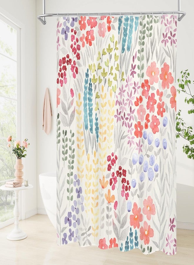 Litabel Cute Colorful Floral Shower Curtain, Boho Blush Pink Flower Shower Curtains for Girls Bathroom Decor, Wildflower Trendy Botanical Waterproof Kids Shower Curtain Set with Hooks 72x72 Inch - Image 2