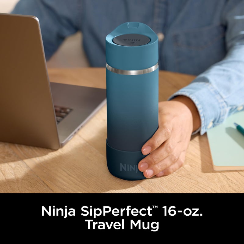 Ninja  Travel Mug  Sip Perfect 16oz  Brings Hot Drinks to Sippable Temperature in Minutes  Stainless Steel  Leak Proof  Dishwasher Safe  Metal  Insulated Tumbler  Ocean Blue  DW1603OB - Image 2