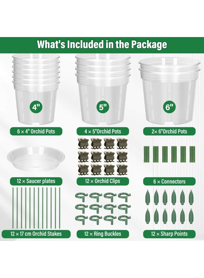 Tetutor 12 Pack Plastic Orchid Pots with Holes, 4, 5, 6 Inch Clear Orchid Pots for Repotting with Saucers Drainage and Plant Stakes, Large Small Breathable Orchids Planter Plant Pot - Image 2