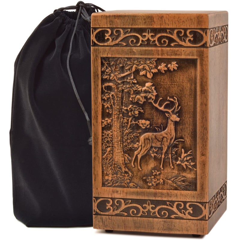 KIMNAG KIMNAG Wooden Cremation Urn for Human Wood Ashes Decorative Box Funeral Urns for Adult Male Female with Satin Bag Burial or Memorial Keepsake DeerXL 250lbs 