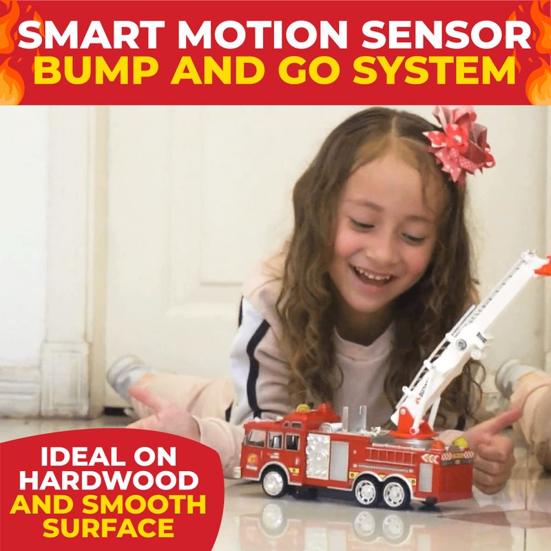 Toysery Fire Truck Toy with Flashing Lights & Siren Sounds for Kids, Extendable Rotating Ladder, Bump and Go Action, Role Play Toy for Boys & Girls, Kid Car Toy Trucks, Ages 3-7+ - Image 5