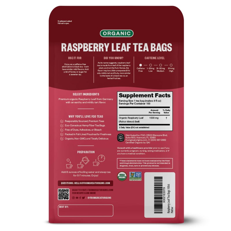 FGO Organic Red Raspberry Leaf Tea Bags, 100 Eco-Conscious Tea Bags, Caffeine Free, Imported from Germany, Reseable Bag, Packaging May Vary (Pack of 1) - Image 2