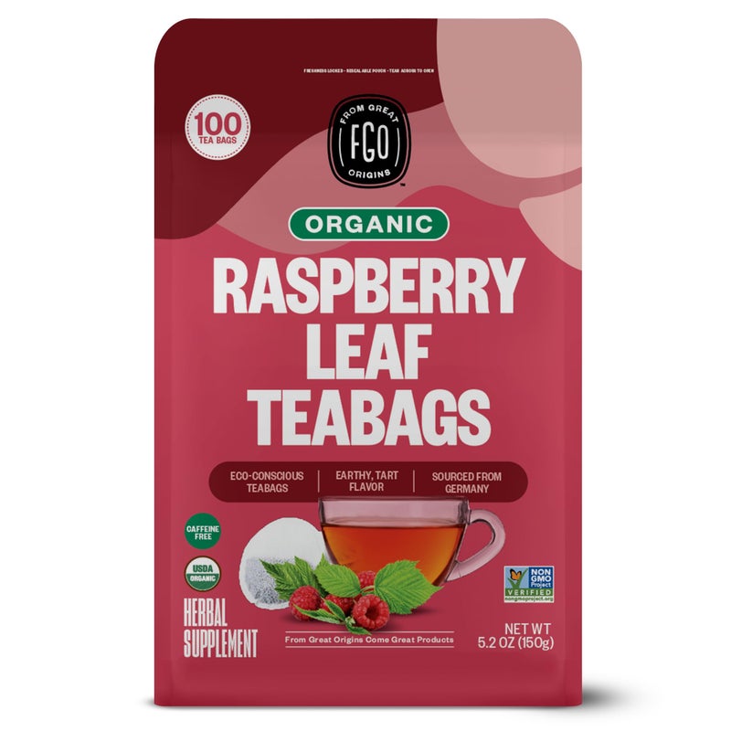 FGO Organic Red Raspberry Leaf Tea Bags, 100 Eco-Conscious Tea Bags, Caffeine Free, Imported from Germany, Reseable Bag, Packaging May Vary (Pack of 1) - Image 1