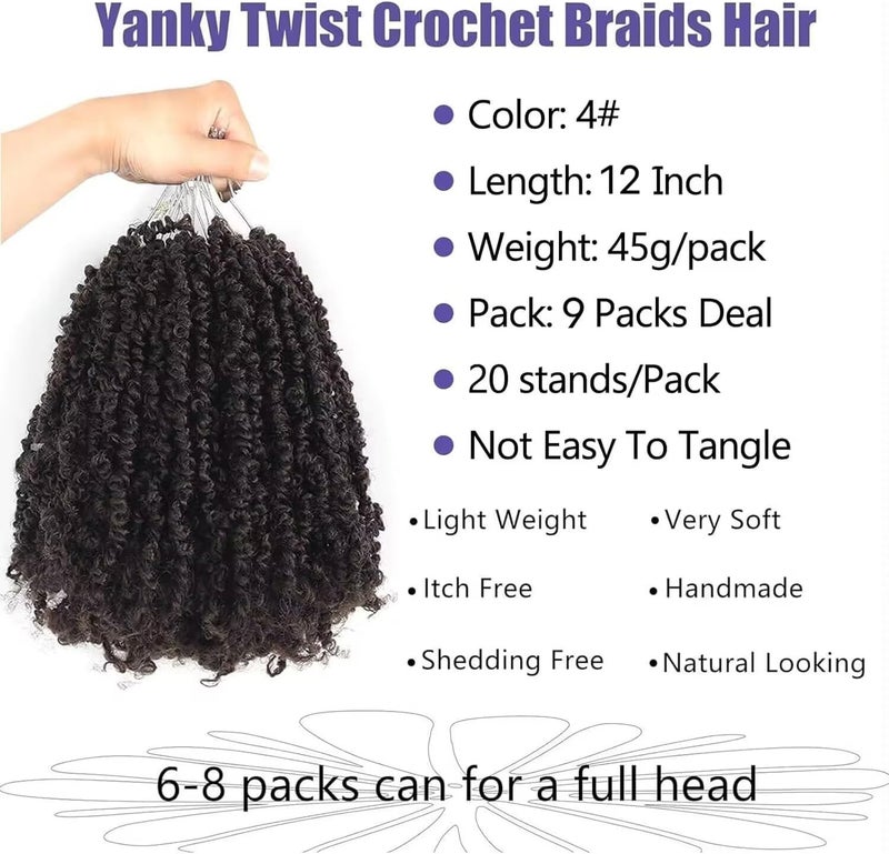 datanala Yanky Twists Crochet Braiding Hair, 12 Inch, 9 Packs, Ombre, Curly, Pre-looped, Crochet Braids Hair Extensions for Women (4#, 12inch) - Image 3