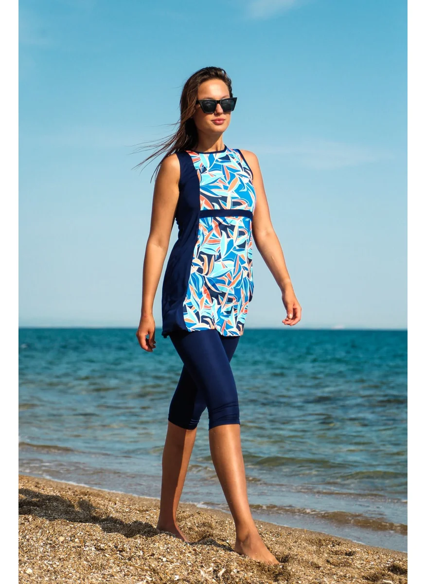 مارينا Rivamera 3-Piece Navy Blue Patterned Semi-Covered Hijab Dress Swimsuit M2213