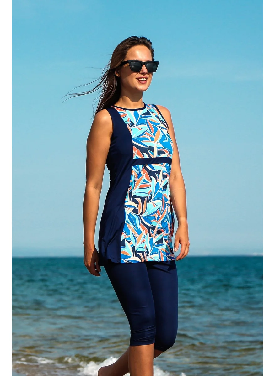 مارينا Rivamera 3-Piece Navy Blue Patterned Semi-Covered Hijab Dress Swimsuit M2213