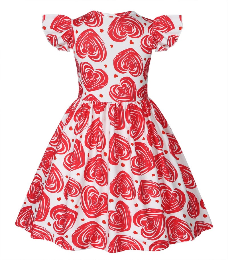 WonderBabe Little Girls Valentine Day Dress Toddler Girls Flutter Sleeve Dresses Love Heart Outfits Kids Ruffle Twirly Skirt Size 6-7 Years Cherry Red - Image 3