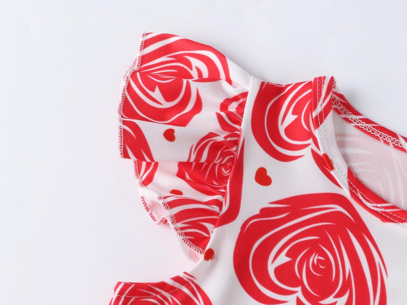 WonderBabe Little Girls Valentine Day Dress Toddler Girls Flutter Sleeve Dresses Love Heart Outfits Kids Ruffle Twirly Skirt Size 6-7 Years Cherry Red - Image 5