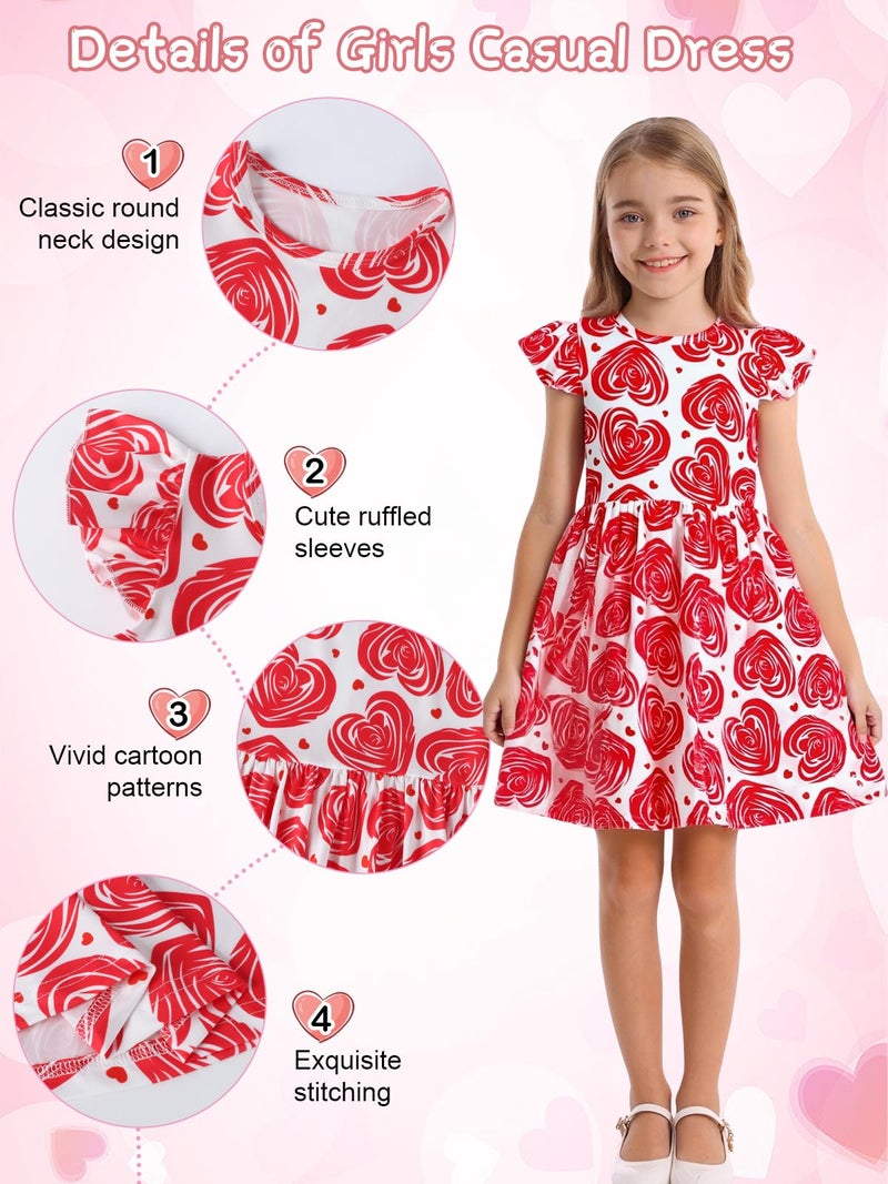 WonderBabe Little Girls Valentine Day Dress Toddler Girls Flutter Sleeve Dresses Love Heart Outfits Kids Ruffle Twirly Skirt Size 6-7 Years Cherry Red - Image 4