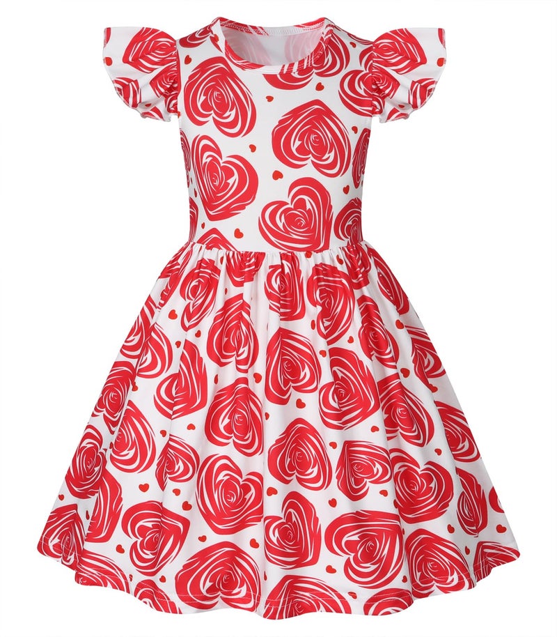 WonderBabe Little Girls Valentine Day Dress Toddler Girls Flutter Sleeve Dresses Love Heart Outfits Kids Ruffle Twirly Skirt Size 6-7 Years Cherry Red - Image 1