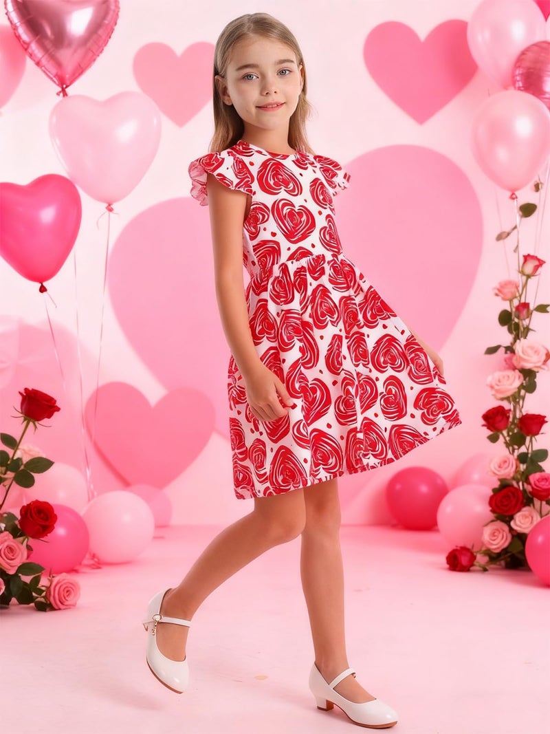 WonderBabe Little Girls Valentine Day Dress Toddler Girls Flutter Sleeve Dresses Love Heart Outfits Kids Ruffle Twirly Skirt Size 6-7 Years Cherry Red - Image 2