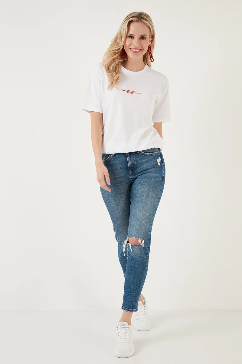 Lela Written Detailed Cotton Oversize Crew Neck T Shirt Women's T Shirt 541RUEDELA