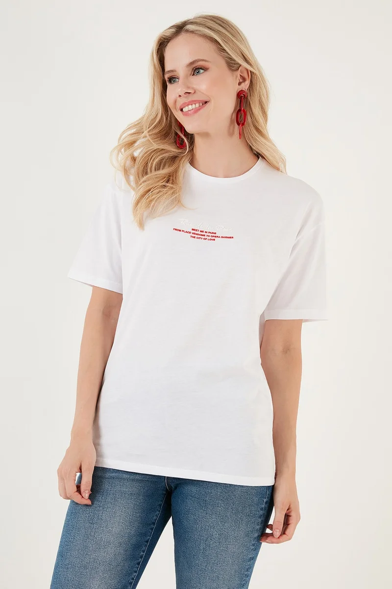 Lela Written Detailed Cotton Oversize Crew Neck T Shirt Women's T Shirt 541RUEDELA