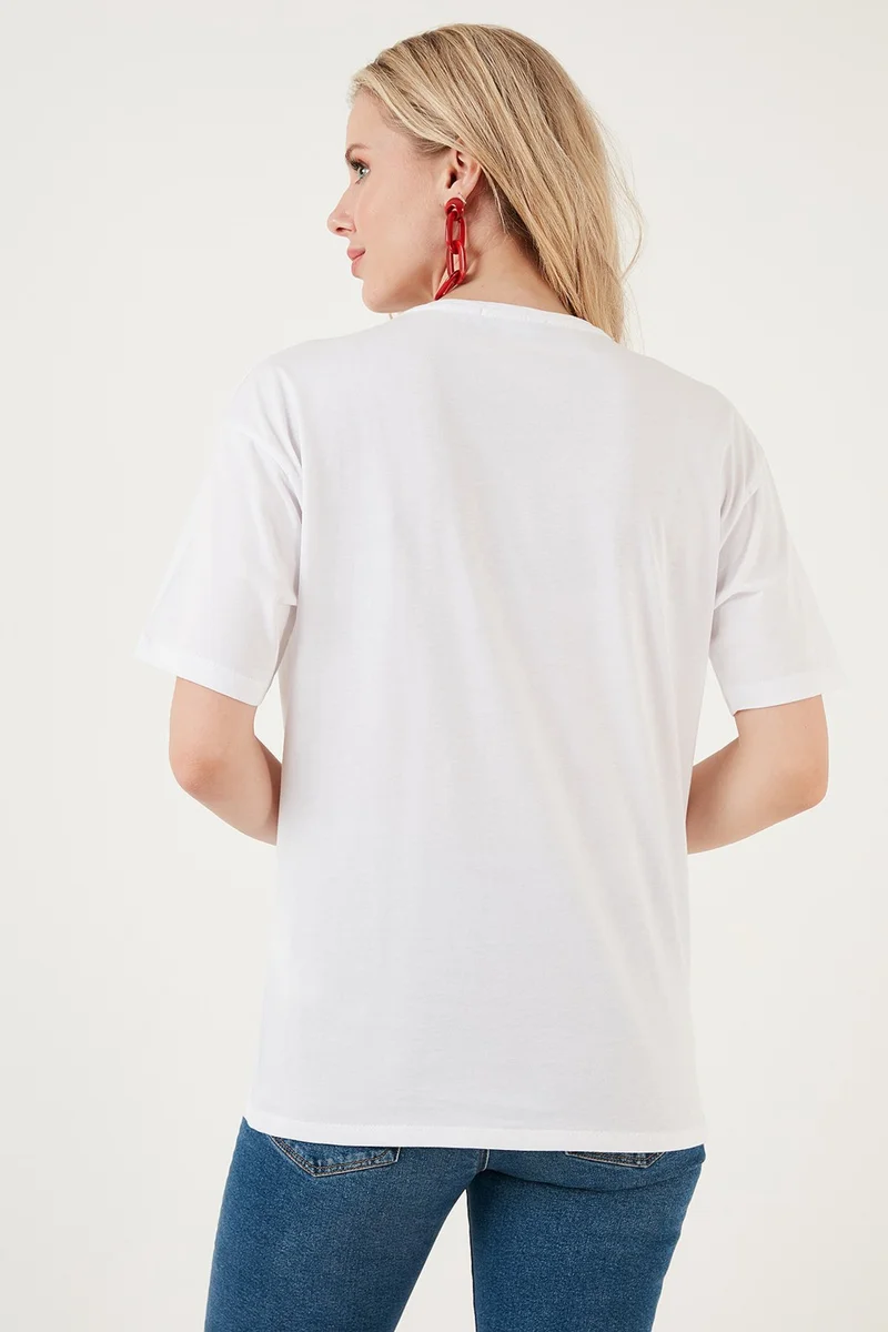 Lela Written Detailed Cotton Oversize Crew Neck T Shirt Women's T Shirt 541RUEDELA