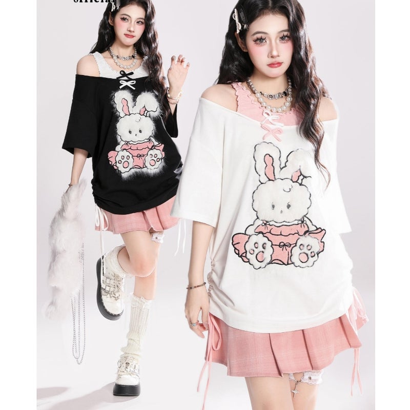 [Sorona] Cute Off-Shoulder Fake Two-Piece Short-Sleeved T-Shirt For Women In Loose Design Sweet And Cool Top - Image 2