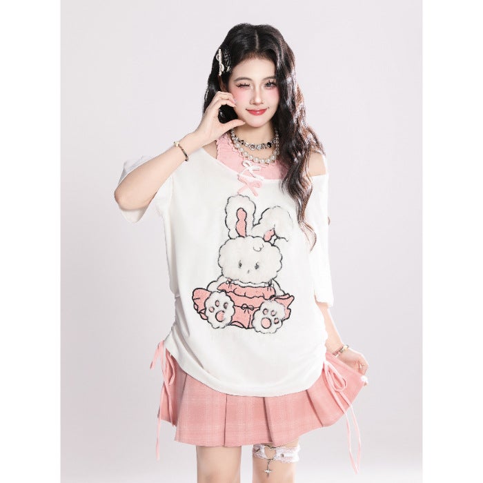 [Sorona] Cute Off-Shoulder Fake Two-Piece Short-Sleeved T-Shirt For Women In Loose Design Sweet And Cool Top - Image 1