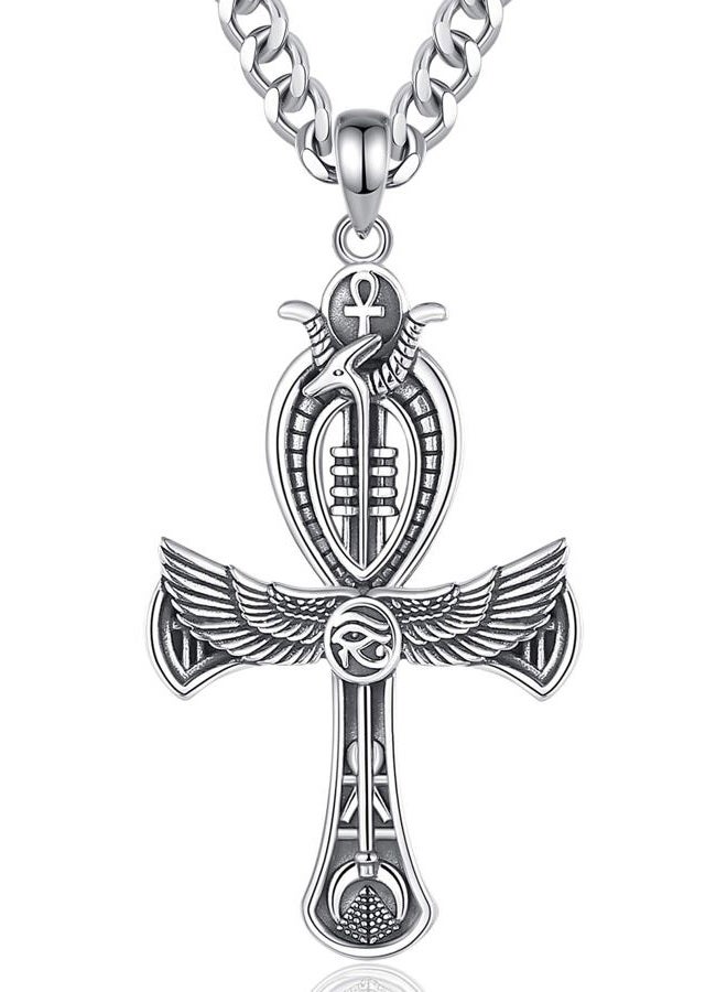 INFUSEU Ankh Necklace Men Egyptian Jewelry Sterling Silver 925 Ancient African Large Cross Eye of Ra Horus Pendant for Women Key of Life Ankh Staff Charm Gifts - Image 1