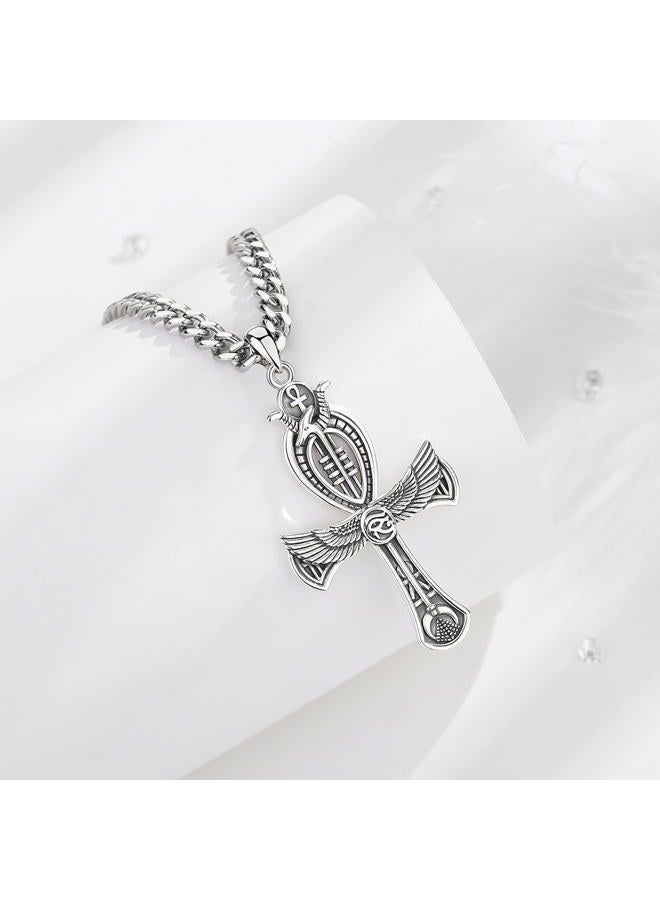 INFUSEU Ankh Necklace Men Egyptian Jewelry Sterling Silver 925 Ancient African Large Cross Eye of Ra Horus Pendant for Women Key of Life Ankh Staff Charm Gifts - Image 2