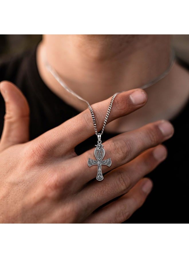 INFUSEU Ankh Necklace Men Egyptian Jewelry Sterling Silver 925 Ancient African Large Cross Eye of Ra Horus Pendant for Women Key of Life Ankh Staff Charm Gifts - Image 4