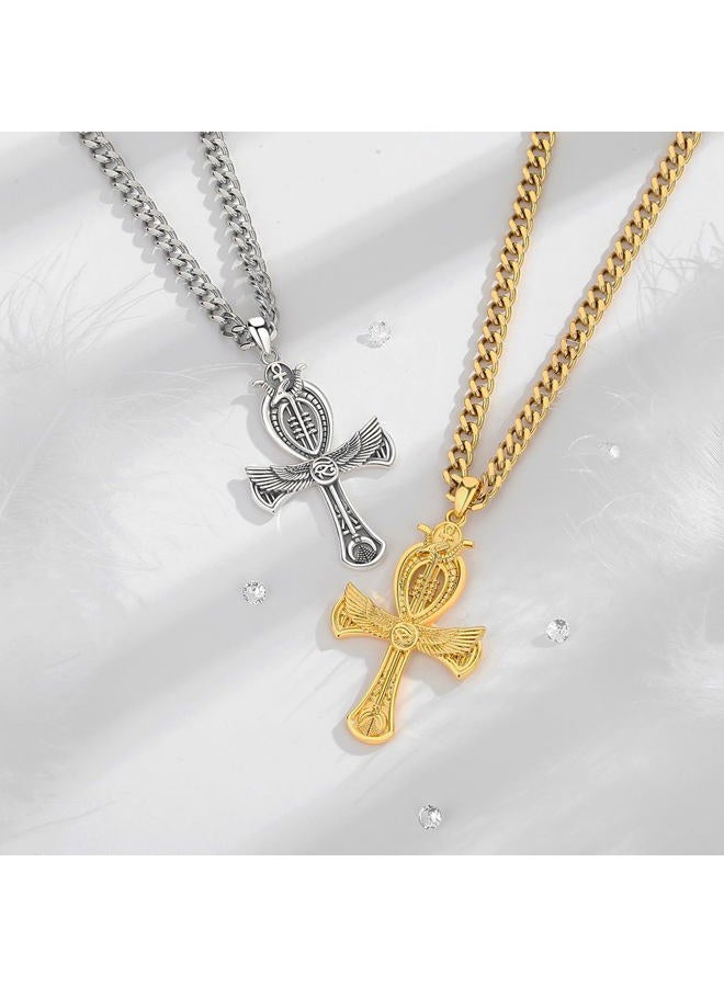 INFUSEU Ankh Necklace Men Egyptian Jewelry Sterling Silver 925 Ancient African Large Cross Eye of Ra Horus Pendant for Women Key of Life Ankh Staff Charm Gifts - Image 3