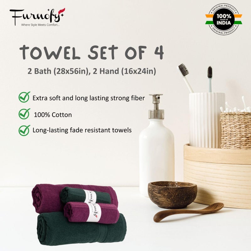 Furnofy 450 GSM Cotton Towel Set of 4, 2 Bath (70x140 cm) 2 Hand (40x60 cm), Highly Absorbent and Soft Bathroom Towels (Pack of 4 - Magenta, Olive) - Image 5