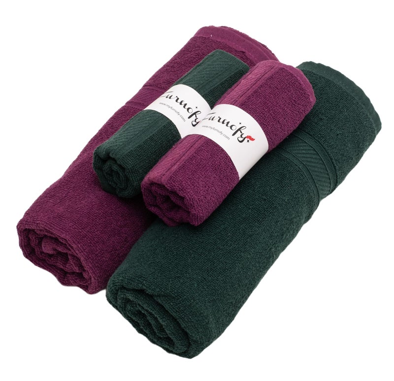 Furnofy 450 GSM Cotton Towel Set of 4, 2 Bath (70x140 cm) 2 Hand (40x60 cm), Highly Absorbent and Soft Bathroom Towels (Pack of 4 - Magenta, Olive) - Image 1