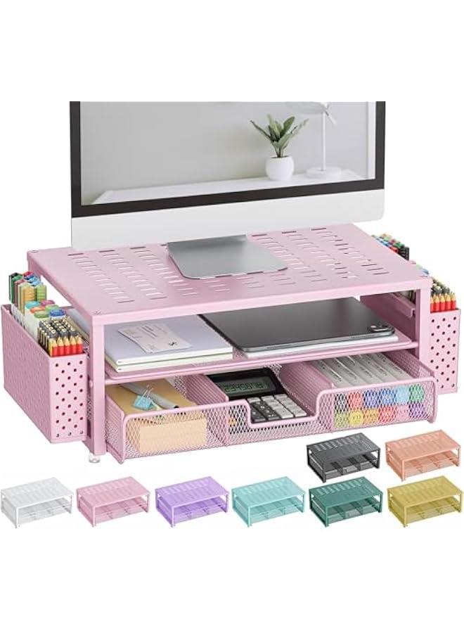 Arabest Desk Organizers and Accessories, Monitor Stand with Drawer and 2 Pen Holder, Desktop Organizer Suitable for Offices and Dormitories (Pink) - Image 1