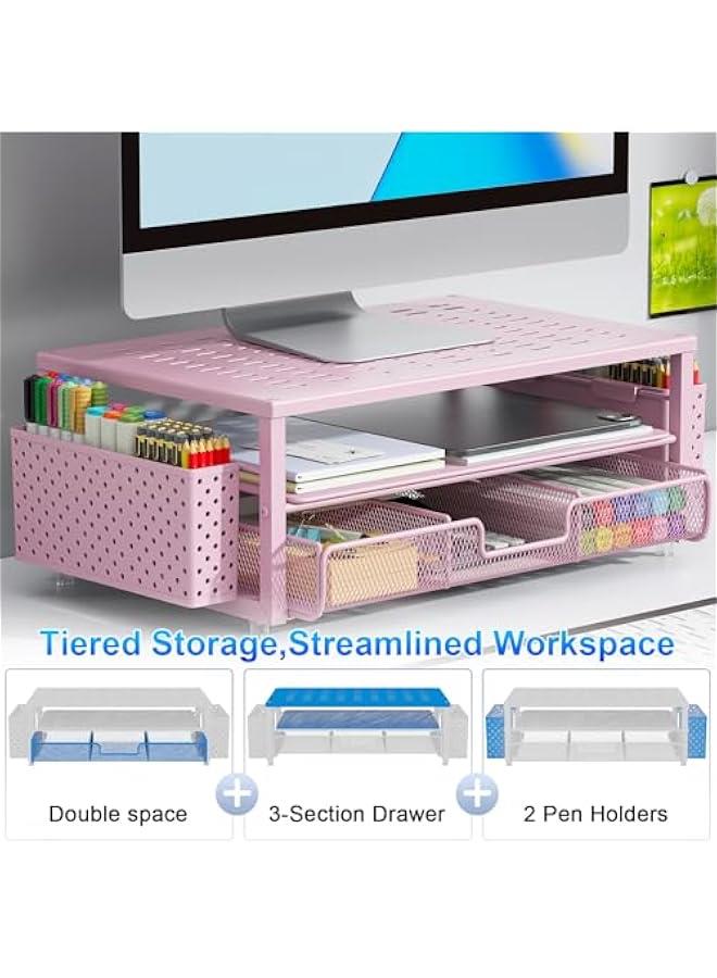 Arabest Desk Organizers and Accessories, Monitor Stand with Drawer and 2 Pen Holder, Desktop Organizer Suitable for Offices and Dormitories (Pink) - Image 2