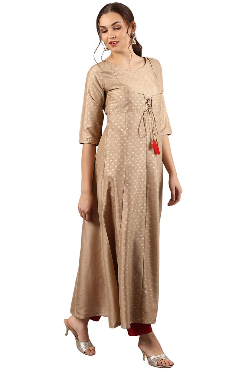Janasya Women's Beige Poly Silk Foil Print Anarkali Kurta - Image 4