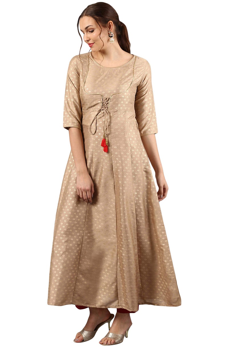 Janasya Women's Beige Poly Silk Foil Print Anarkali Kurta - Image 3