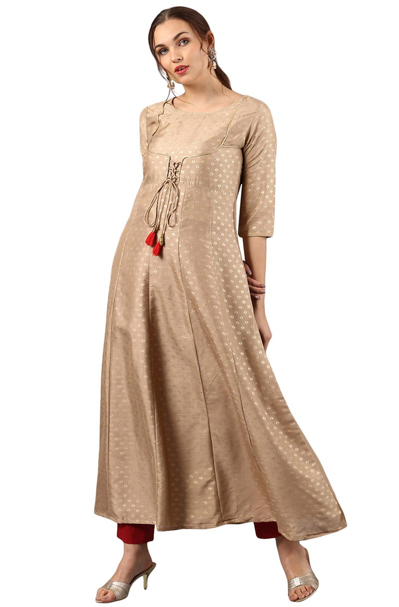 Janasya Women's Beige Poly Silk Foil Print Anarkali Kurta - Image 2