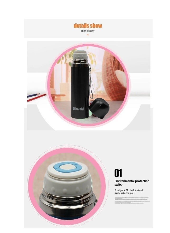 نوزكي ستيل - زجاجة مياه (500 مل) قارورة فولاذية معزولة بالفراغ، مقاومة للتسرب، خالية من مادة BPA، مج حراري مزدوج الجدار للقهوة للمشروبات الساخنة أو الباردة - Image 4