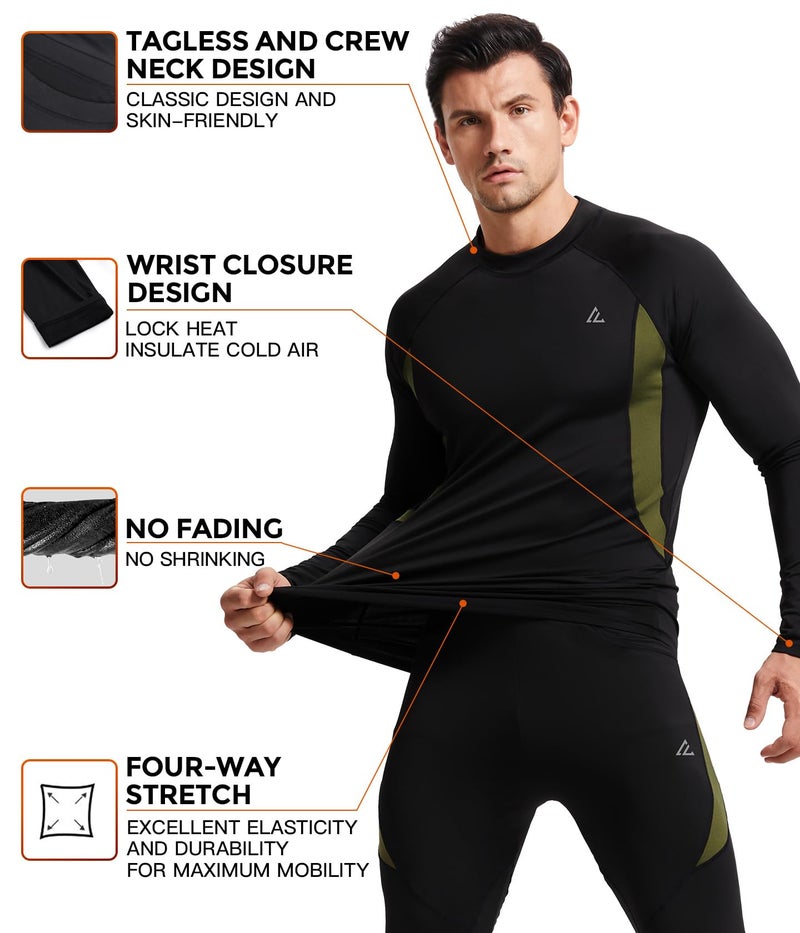 CL convallaria Long Underwear Mens, Thermal Underwear Set Winter Hunting Gear Sport Long Johns for Men Base Layer Top and Bottom Midweight Black S - Image 2