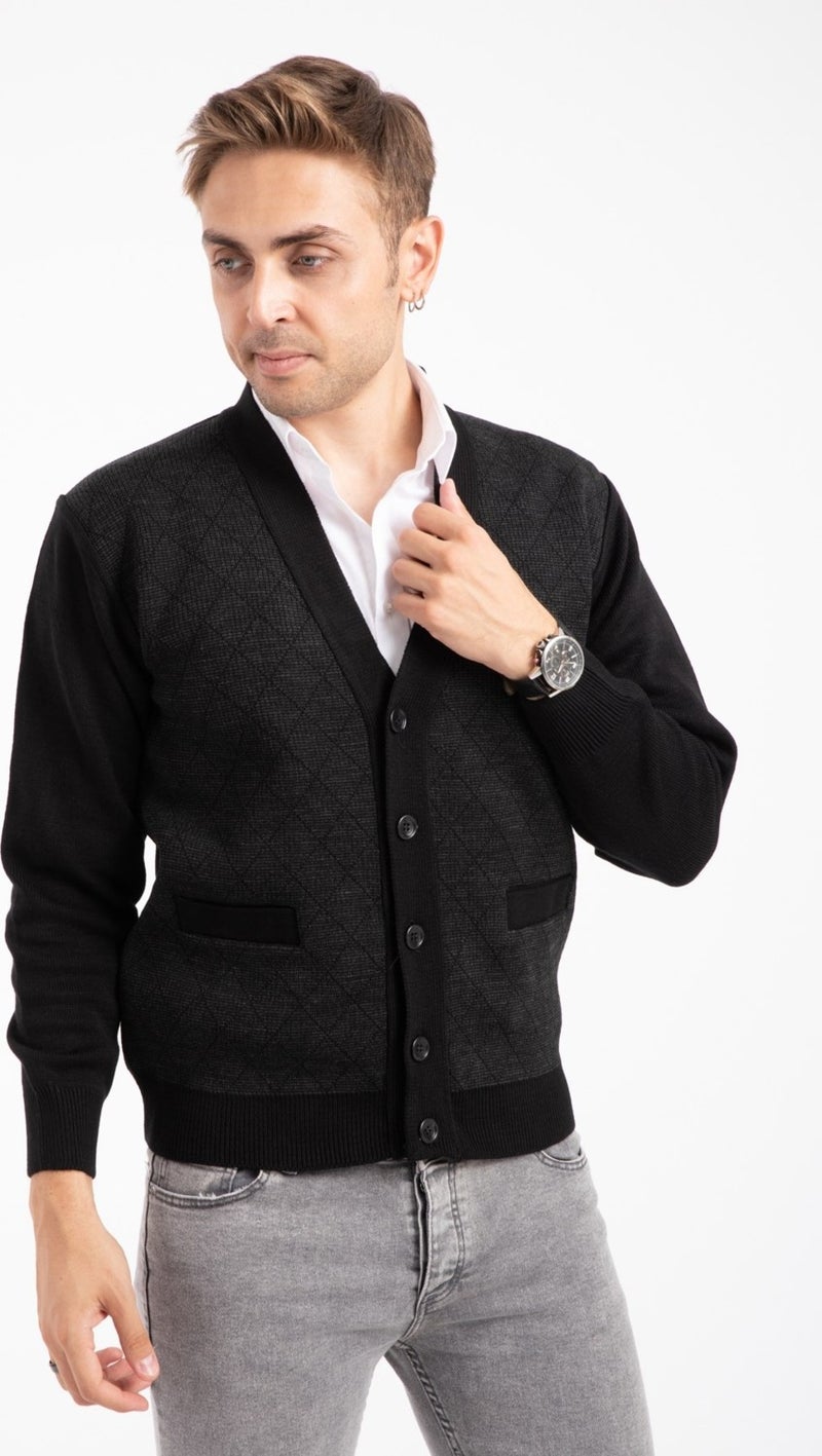 Mutlu City Men's Middle Age and Above Knitwear Knit Acrylic Winter Dad Cardigan 2057-Black Buttoned  - Image 1