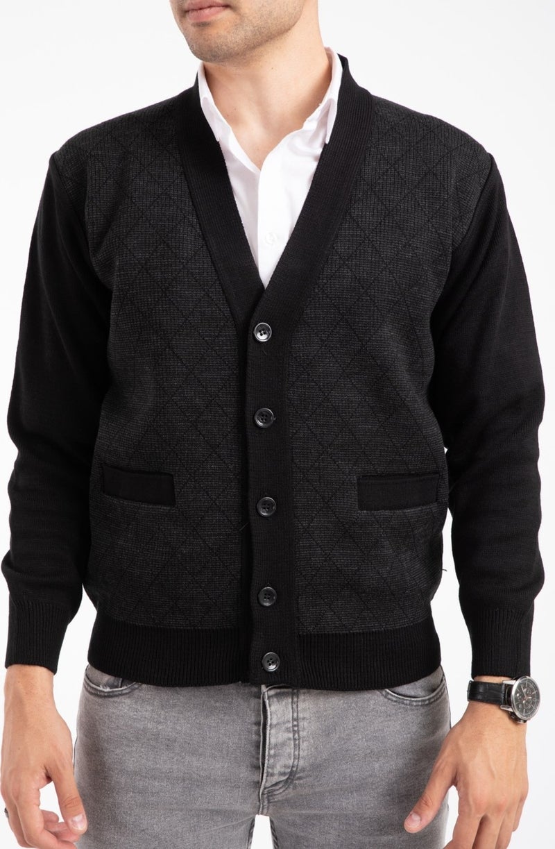 Mutlu City Men's Middle Age and Above Knitwear Knit Acrylic Winter Dad Cardigan 2057-Black Buttoned  - Image 4