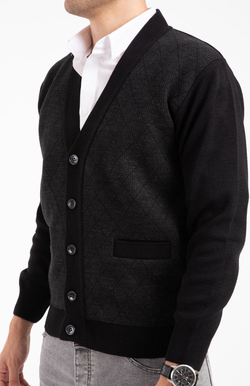 Mutlu City Men's Middle Age and Above Knitwear Knit Acrylic Winter Dad Cardigan 2057-Black Buttoned  - Image 2