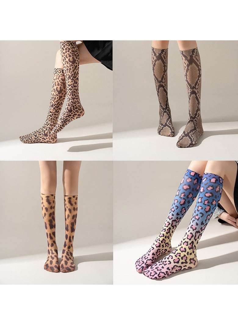 YANCI 4 pairs of leopard print women's mid-calf socks - Women's leopard print calf socks - thin and breathable leopard print long socks - mid-leg socks - Image 1