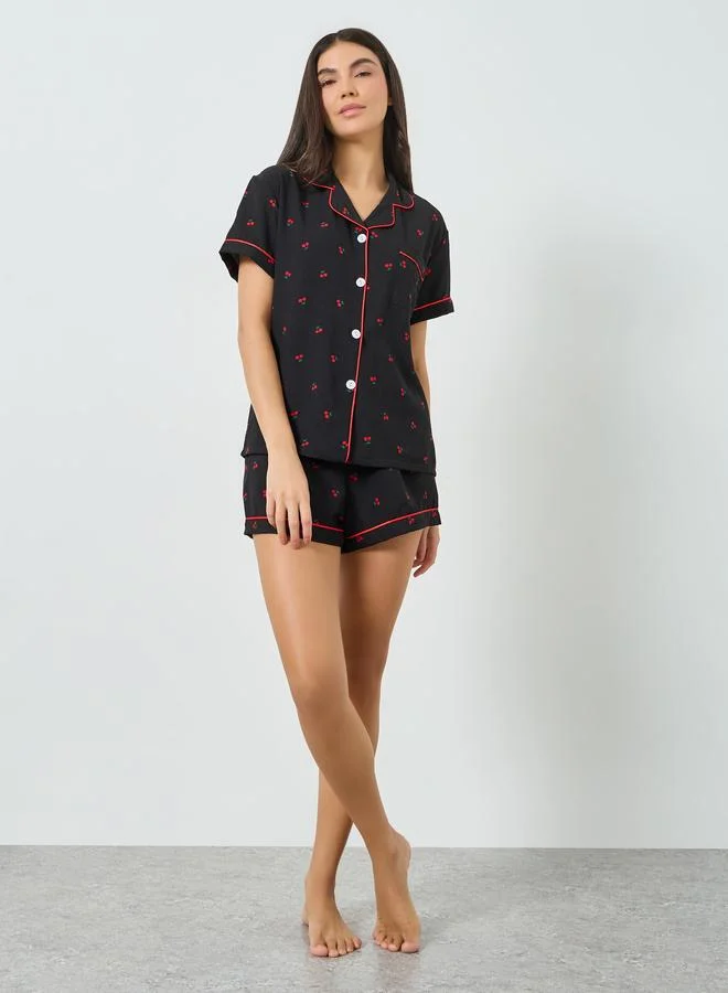 Take Two Black Cherry Print Shirt and Shorts Set