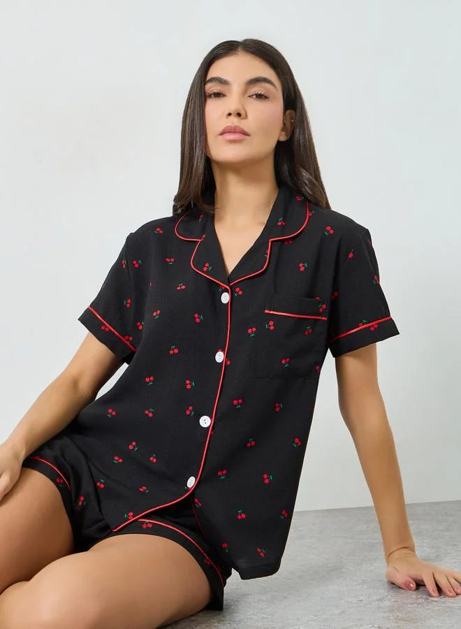 Take Two Black Cherry Print Shirt and Shorts Set