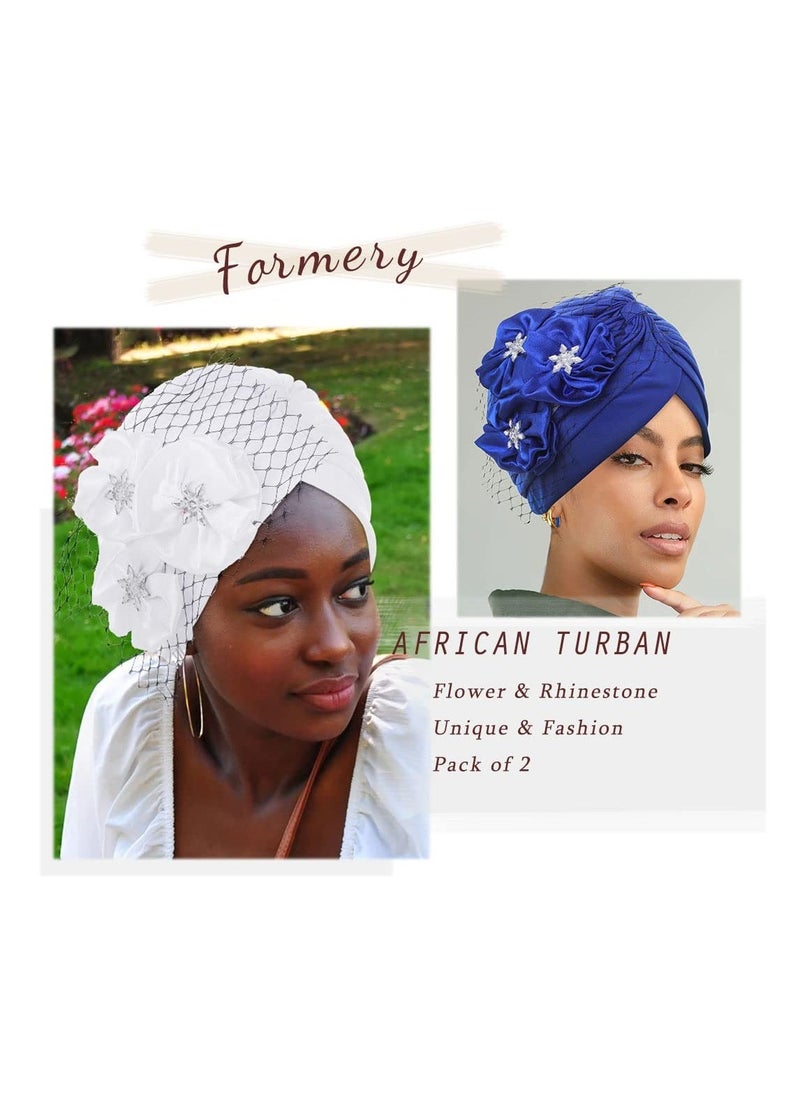 Generic Pack of 2 Turban Head Wrap Pattern Head Scarf Soft Flower Print Head Cover Cap Knotted Head Wraps Cap White Mesh Pre-Tied Turban Headwear Rhinestone Flower for Women and Girls  - Image 4