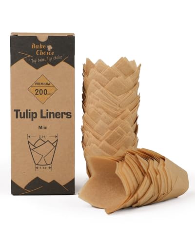 Bake Choice 200pcs Natural Mini Tulip Cupcake Liners for Baking Cups, Unbleached, Greaseproof EU Parchment paper, Mini Tulip Muffin Liners for Party, Christmas, Valentines - Image 1