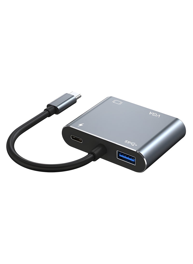 محول ZERO 4IN1 TYPE-C مع منفذ HDTV بدقة 4K وVGA وUSB 3.0 وPD – رمادي