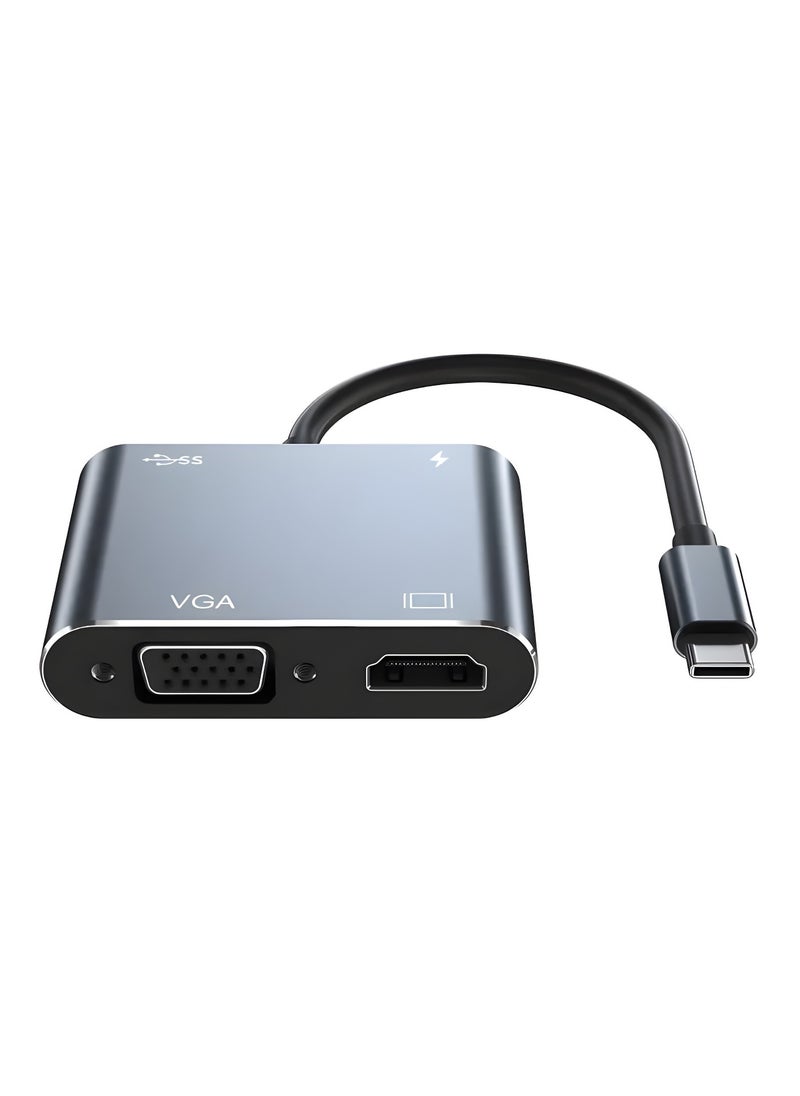 محول ZERO 4IN1 TYPE-C مع منفذ HDTV بدقة 4K وVGA وUSB 3.0 وPD – رمادي