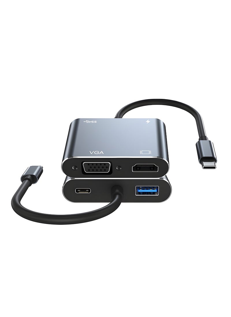 محول ZERO 4IN1 TYPE-C مع منفذ HDTV بدقة 4K وVGA وUSB 3.0 وPD – رمادي