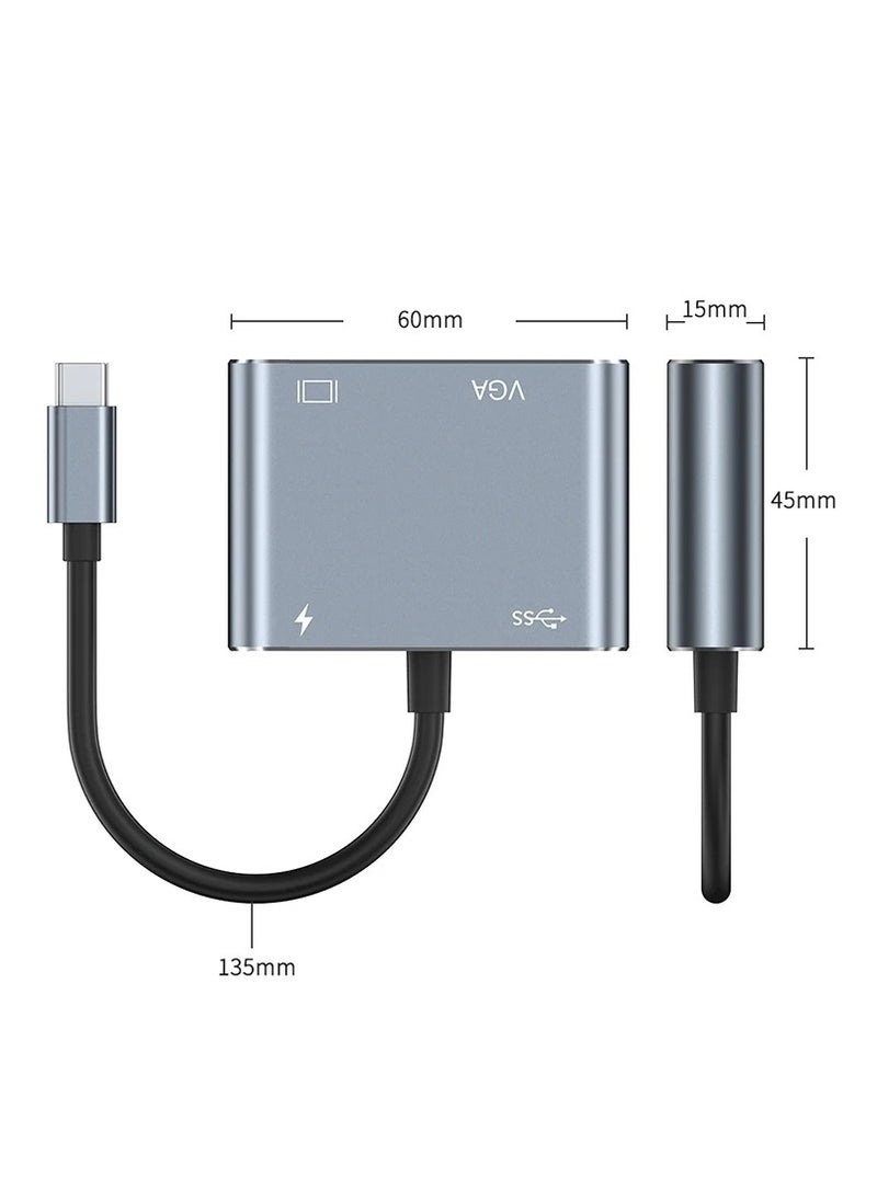 محول ZERO 4IN1 TYPE-C مع منفذ HDTV بدقة 4K وVGA وUSB 3.0 وPD – رمادي
