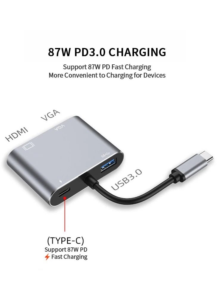 محول ZERO 4IN1 TYPE-C مع منفذ HDTV بدقة 4K وVGA وUSB 3.0 وPD – رمادي
