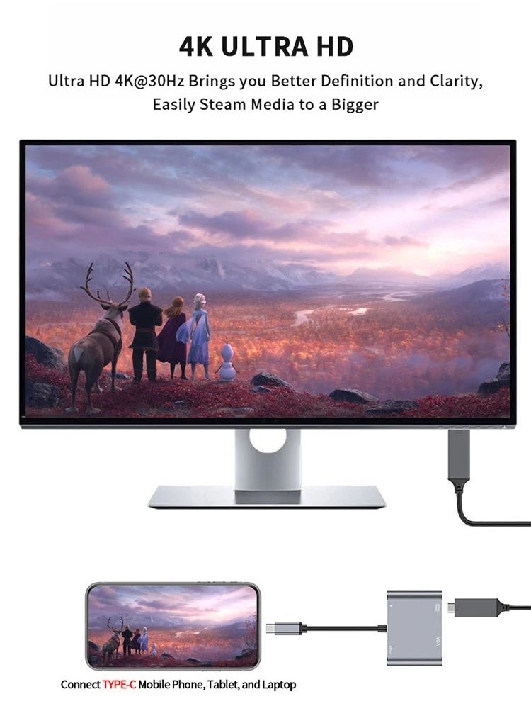 محول ZERO 4IN1 TYPE-C مع منفذ HDTV بدقة 4K وVGA وUSB 3.0 وPD – رمادي