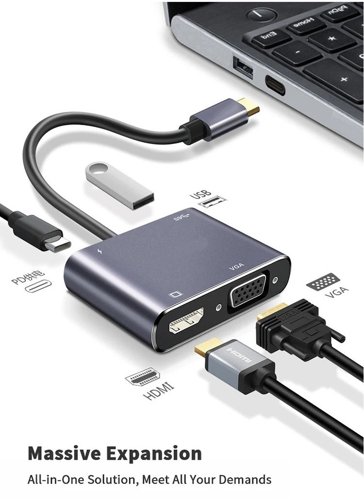 محول ZERO 4IN1 TYPE-C مع منفذ HDTV بدقة 4K وVGA وUSB 3.0 وPD – رمادي